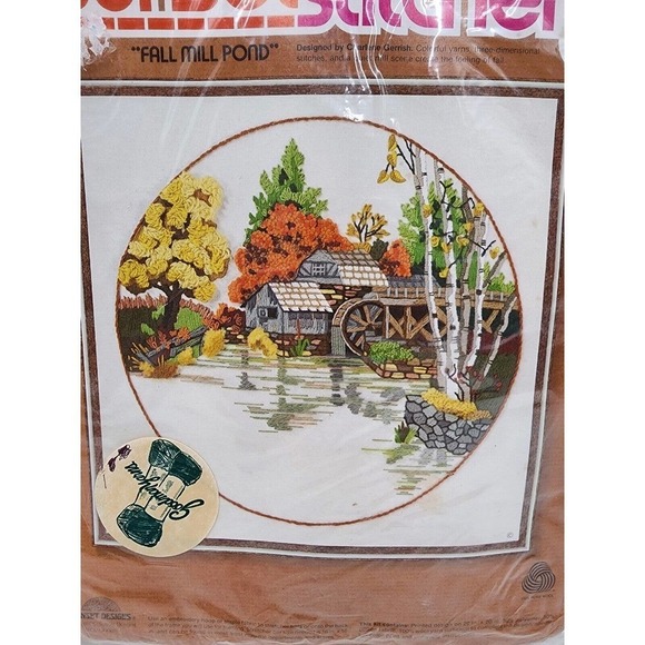 Fall Mill Pond Watermill Sunset Stitchery 20 X 20 Wool Kit 1978 Factory Sealed - Picture 3 of 7